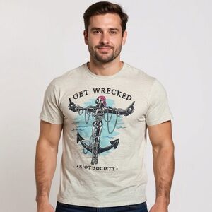 Riot Society Get Wrecked Pirate Graphic Tee White Cotton Shirt Sz S